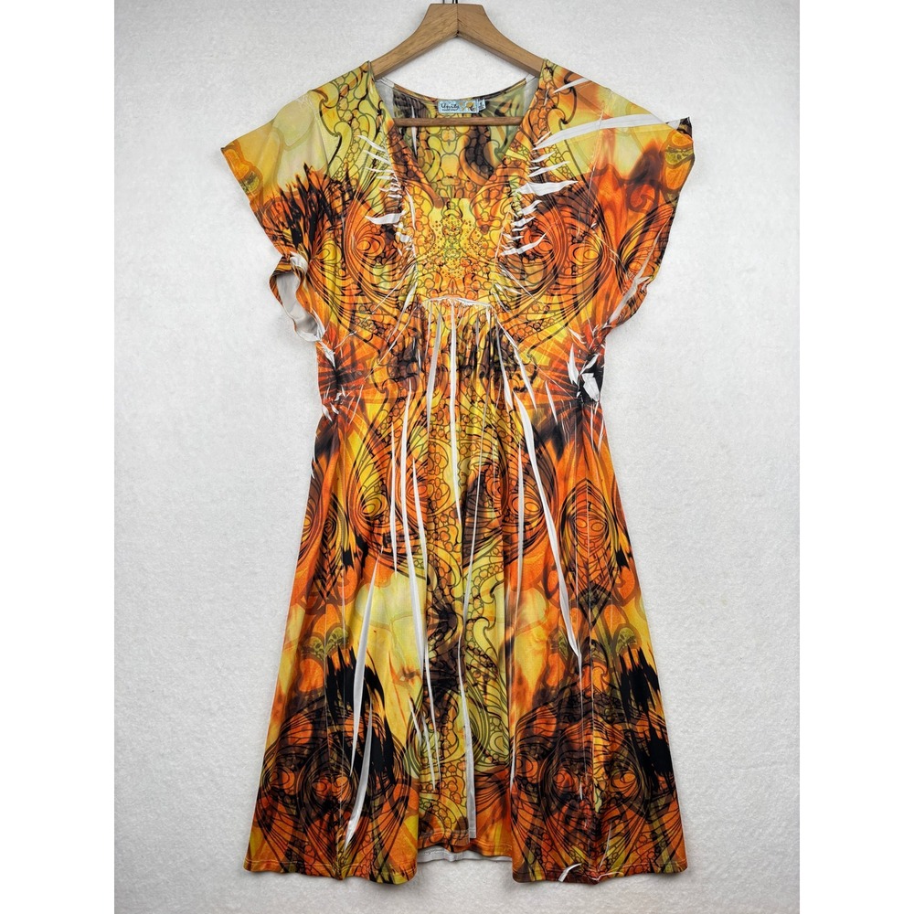Unity Dress Womens Small Fit and Flare Rhinestone V Neck Boho‎